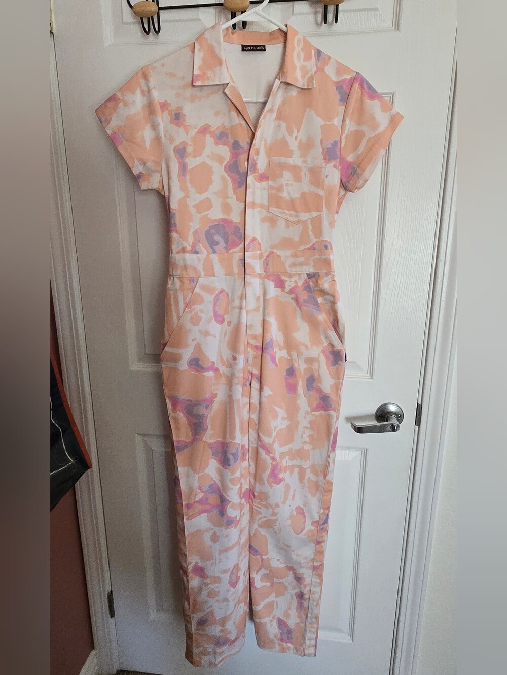 Hot Lava Tie Dye Peach and Lavender Short-Sleeve Jumpsuit